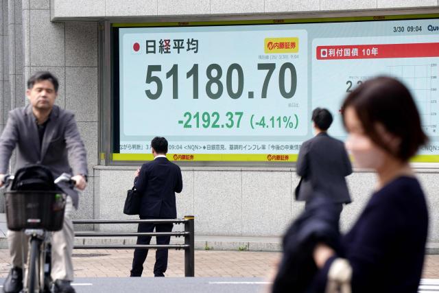 An electronic quotation board displays the Nikkei Stock Average on the Tokyo Stock Exchange along a street in Tokyo on March 30, 2026. Japan's Nikkei tumbled over five percent in early trade March 30 and South Korea's Kospi was down more than four percent after the price of oil rose again with no end in sight for the war in the Middle East. (Photo by Kazuhiro NOGI / AFP)