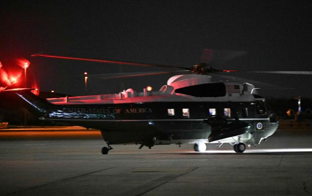 Marine One with US President Donald Trump onboard prepares to take off at Joint Base Andrews, Maryland on March 29, 2026. US President Donald Trump is returning to White House after spending the weekend at his Mar-A-Lago residence. (Photo by Mandel NGAN / AFP)
