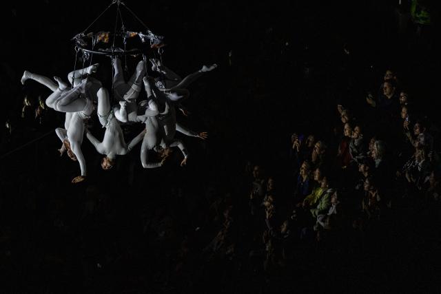 TOPSHOT - Dancers perform in the show 'Aria' by the Spanish company Zenit Aerial Ballet during the 2nd International Festival of Living Arts (FIAV) in Bogota, Colombia on March 29, 2026. (Photo by Luis ACOSTA / AFP)