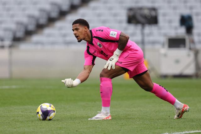 Cape Verde's goalkeeper Marcio Rosa rolls the ball during the international friendly football match between Cape Verde and Finland at Eden Park in Auckland on March 30, 2026. (Photo by Michael Bradley / AFP)