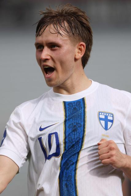 Finland's Naatan Skytta celebrates his goal during the international friendly football match between Cape Verde and Finland at Eden Park in Auckland on March 30, 2026. (Photo by Michael Bradley / AFP)