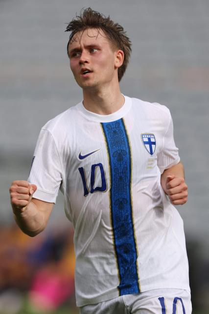 Finland's Naatan Skytta celebrates his goal during the international friendly football match between Cape Verde and Finland at Eden Park in Auckland on March 30, 2026. (Photo by Michael Bradley / AFP)