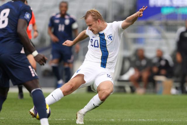 Finland's Joel Pohjanpalo shoots at goal during the international friendly football match between Cape Verde and Finland at Eden Park in Auckland on March 30, 2026. (Photo by Michael Bradley / AFP)