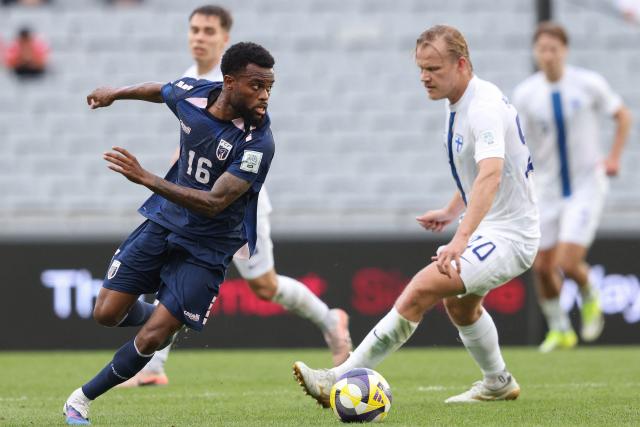 Cape Verde's Yannick Semedo controls the ball during the international friendly football match between Cape Verde and Finland at Eden Park in Auckland on March 30, 2026. (Photo by Michael Bradley / AFP)