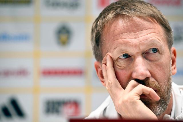 Sweden's head coach Graham Potter is pictured during a national team's press conference in Stockholm, Sweden on March 30, 2026, one day prior to the FIFA World Cup qualifiers final playoff football match against Poland. (Photo by Fredrik SANDBERG / TT NEWS AGENCY / AFP) / Sweden OUT