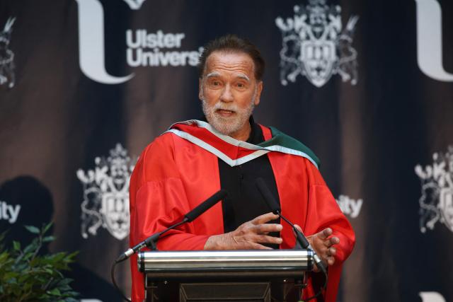 Hollywood actor and former California state governor, Arnold Schwarzenegger, attends a ceremony to receive an honorary doctorate from Ulster University in Belfast, Northern Ireland, on March 30, 2026. (Photo by Paul Faith / AFP)