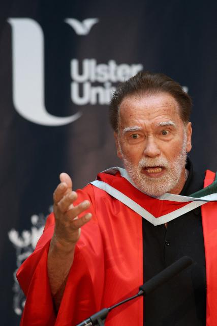 Hollywood actor and former California state governor, Arnold Schwarzenegger, attends a ceremony to receive an honorary doctorate from Ulster University in Belfast, Northern Ireland, on March 30, 2026. (Photo by Paul Faith / AFP)