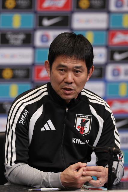 Japan's Head Coach Hajime Moriyasu attends a press conference at Wembley Stadium, in London, on March 30, 2026, on the eve of their international friendly football match against England. (Photo by Adrian Dennis / AFP)
