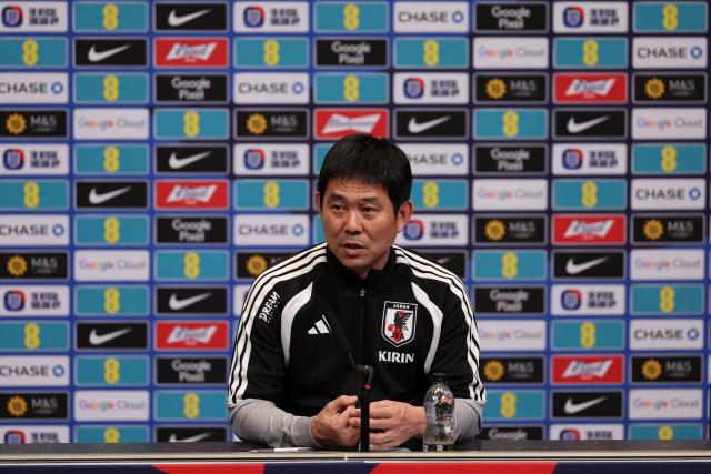 Japan's Head Coach Hajime Moriyasu attends a press conference at Wembley Stadium, in London, on March 30, 2026, on the eve of their international friendly football match against England. (Photo by Adrian Dennis / AFP)