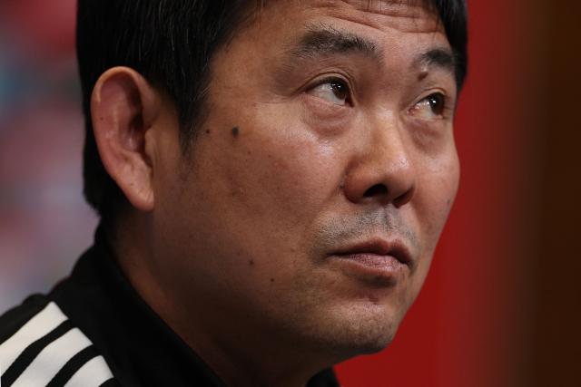 Japan's Head Coach Hajime Moriyasu attends a press conference at Wembley Stadium, in London, on March 30, 2026, on the eve of their international friendly football match against England. (Photo by Adrian Dennis / AFP)