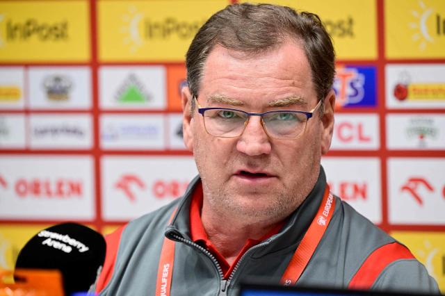 Poland’s head coach Jan Urban speaks during a press conference in Stockholm, Sweden on March 30, 2026, one day prior to the FIFA World Cup qualifiers final playoff football match against Sweden. (Photo by Jonas EKSTROMER / TT NEWS AGENCY / AFP) / Sweden OUT