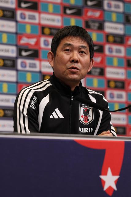 Japan's Head Coach Hajime Moriyasu attends a press conference at Wembley Stadium, in London, on March 30, 2026, on the eve of their international friendly football match against England. (Photo by Adrian Dennis / AFP)