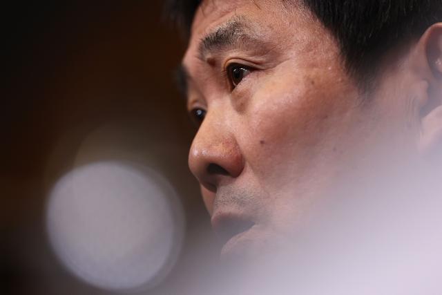 Japan's Head Coach Hajime Moriyasu attends a press conference at Wembley Stadium, in London, on March 30, 2026, on the eve of their international friendly football match against England. (Photo by Adrian Dennis / AFP)