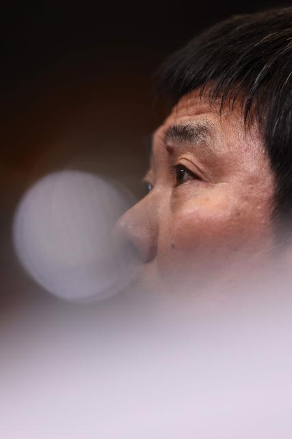 Japan's Head Coach Hajime Moriyasu attends a press conference at Wembley Stadium, in London, on March 30, 2026, on the eve of their international friendly football match against England. (Photo by Adrian Dennis / AFP)