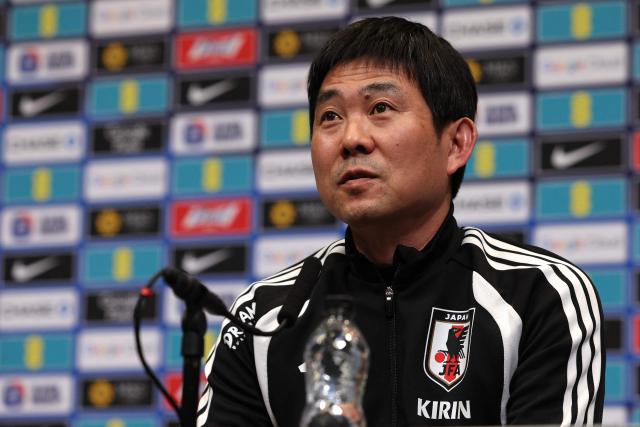 Japan's Head Coach Hajime Moriyasu attends a press conference at Wembley Stadium, in London, on March 30, 2026, on the eve of their international friendly football match against England. (Photo by Adrian Dennis / AFP)