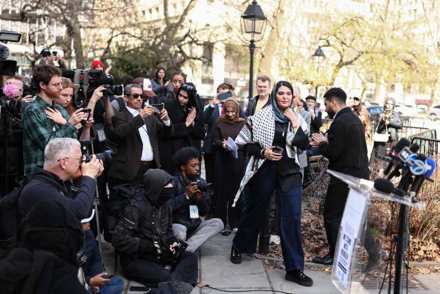 Palestinian-American activist Nerdeen Kiswani arrives for a press conference in New York on March 30, 2026, after US authorities said they had disrupted an alleged plot targeting her. Kiswani, a US-based Palestinian-American activist, said March 27 that the FBI had disrupted an imminent plot to assassinate her, as authorities charged a 26-year-old man with possessing Molotov cocktails he meant to use against her home. Kiswani leads Within Our Lifetime, a Palestinian advocacy group active in New York City, and has been a key figure in organizing protests particularly focused on the Gaza war. (Photo by CHARLY TRIBALLEAU / AFP)