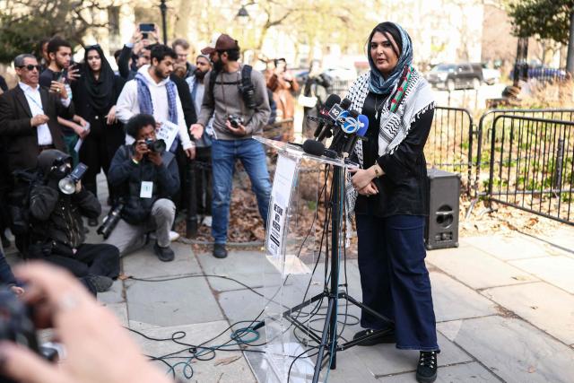 Palestinian-American activist Nerdeen Kiswani speaks during a press conference in New York on March 30, 2026, after US authorities said they had disrupted an alleged plot targeting her. Kiswani, a US-based Palestinian-American activist, said March 27 that the FBI had disrupted an imminent plot to assassinate her, as authorities charged a 26-year-old man with possessing Molotov cocktails he meant to use against her home. Kiswani leads Within Our Lifetime, a Palestinian advocacy group active in New York City, and has been a key figure in organizing protests particularly focused on the Gaza war. (Photo by CHARLY TRIBALLEAU / AFP)
