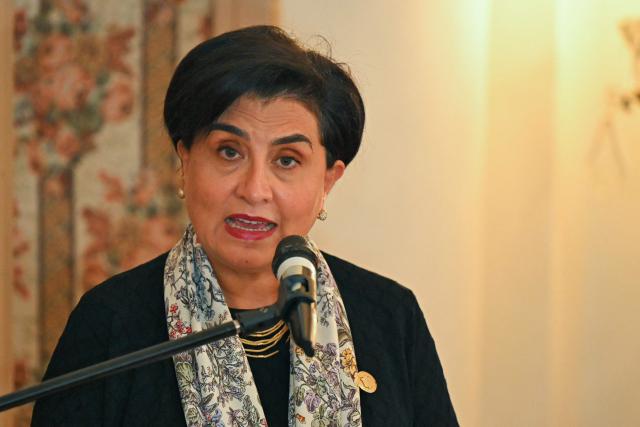Ecuador’s Foreign Minister Gabriela Sommerfeld speaks next to Israel’s Ambassador to Ecuador, Tzach Sarid (out of frame), during the signing of bilateral agreements in the areas of culture and sports at the Foreign Ministry in Quito on March 30, 2026. (Photo by Rodrigo BUENDIA / AFP)