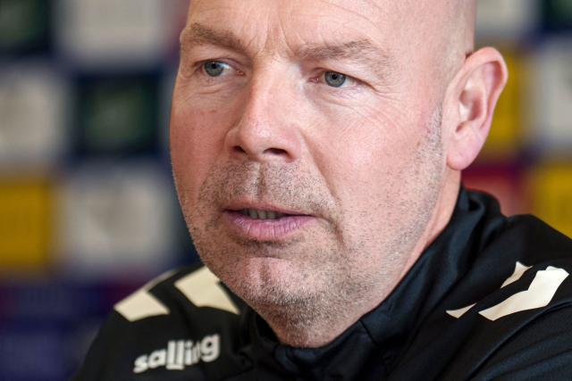 Denmark's head coach Brian Riemer addresses a press conference in Copenhagen on March 30, 2026, ahead the team's play-off FIFA World Cup 2026 qualification final football match against Czech Republic to be played in Prague on March 31. (Photo by Liselotte Sabroe / Ritzau Scanpix / AFP) / Denmark OUT