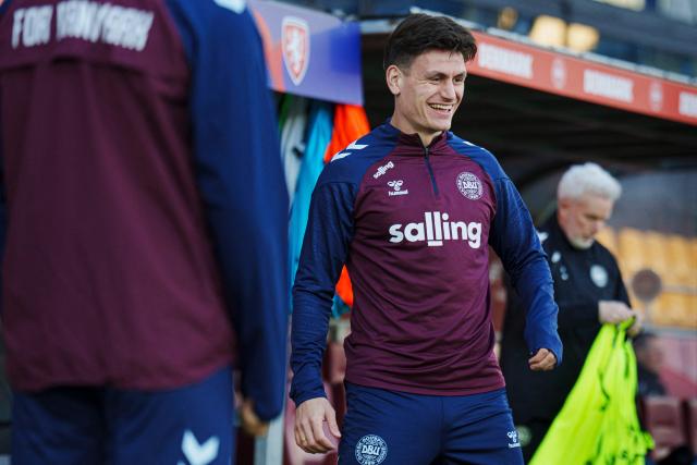 Denmark's defender Joakim Maehle attends a training session of Denmark's national football team in Copenhagen on March 30, 2026, ahead of the team's play-off FIFA World Cup 2026 qualification final football match against Czech Republic to be played in Prague on March 31. (Photo by Liselotte Sabroe / Ritzau Scanpix / AFP) / Denmark OUT