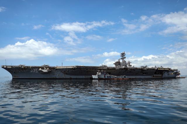 The US Navy aircraft carrier USS Nimitz sails on Panama Bay, in Panama City on March 30, 2026. The ship reached the country alongside the guided-missile destroyer USS Gridley (DDG 101), as part of the multinational maritime cooperation exercises “Mares del Sur 2026.” (Photo by HUGE PERALTA / AFP)