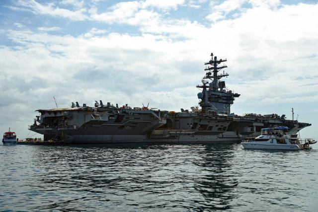 The US Navy aircraft carrier USS Nimitz sails on Panama Bay, in Panama City on March 30, 2026. The ship reached the country alongside the guided-missile destroyer USS Gridley (DDG 101), as part of the multinational maritime cooperation exercises “Mares del Sur 2026.” (Photo by HUGE PERALTA / AFP)