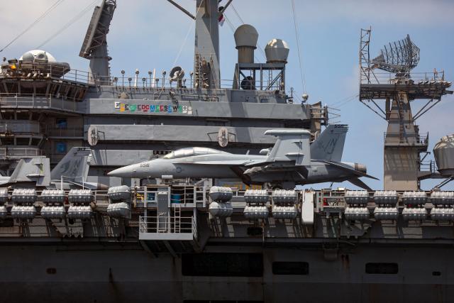 The US Navy aircraft carrier USS Nimitz sails on Panama Bay, in Panama City on March 30, 2026. The ship reached the country alongside the guided-missile destroyer USS Gridley (DDG 101), as part of the multinational maritime cooperation exercises “Mares del Sur 2026.” (Photo by HUGE PERALTA / AFP)