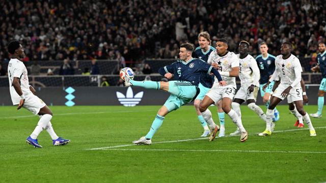 Ghana's forward #23 Alexander Djiku (L) and Germany's midfielder #05 Pascal Gross (2L) vie for the ball during the international friendly football match between Germany and Ghana in Stuttgart, southwestern Germany on March 30, 2026. (Photo by THOMAS KIENZLE / AFP)