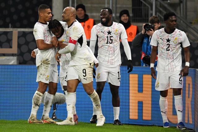 Ghana's players celebrate after Ghana's forward #07 Fatawu Issahaku scored his team's first goal during the international friendly football match between Germany and Ghana in Stuttgart, southwestern Germany on March 30, 2026. (Photo by THOMAS KIENZLE / AFP)