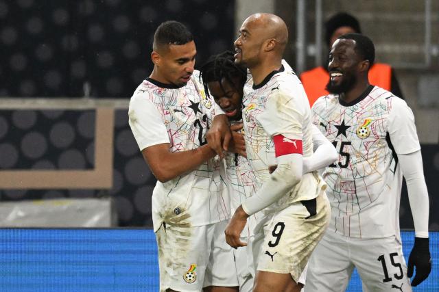 Ghana's players Ghana's forward #22 Kamaldeen Sulemana (L), Ghana's forward #09 Jordan Ayew (2R) and Ghana's midfielder #15 Elisha Owusu (R) celebrate after Ghana's forward #07 Fatawu Issahaku (2L) scored his team's first goal during the international friendly football match between Germany and Ghana in Stuttgart, southwestern Germany on March 30, 2026. (Photo by THOMAS KIENZLE / AFP)