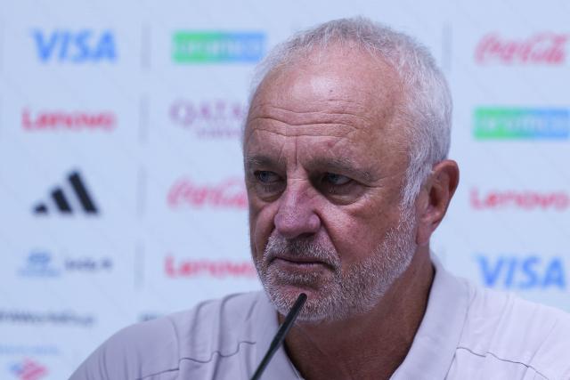 Iraq's head coach Australian Graham Arnold looks on during a press conferente at the BBV Stadium in Guadalupe, Nuevo Leon state, Mexico, on March 30, 2026, ahead of the FIFA World Cup qualifiers final playoff match against Bolivia on March 31. (Photo by Julio Cesar AGUILAR / AFP)
