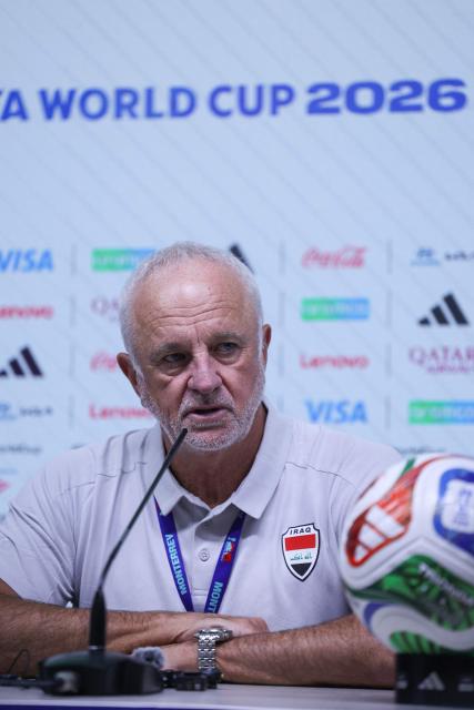 Iraq's head coach Australian Graham Arnold speaks during a press conferente at the BBV Stadium in Guadalupe, Nuevo Leon state, Mexico, on March 30, 2026, ahead of the FIFA World Cup qualifiers final playoff match against Bolivia on March 31. (Photo by Julio Cesar AGUILAR / AFP)