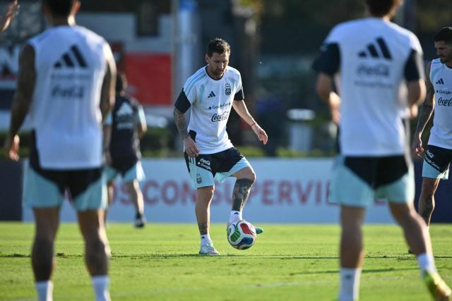 Argentina's forward Lionel Messi controls the ball during a training session in Ezeiza, Buenos Aires province, Argentina on March 30, 2026, ahead of a friendly match against Zambia on March 31 at the La Bombonera Stadium in Buenos Aires. (Photo by Luis ROBAYO / AFP)