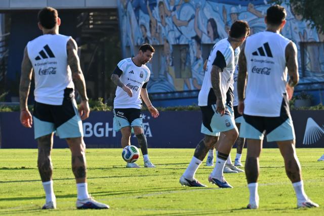 Argentina's forward Lionel Messi controls the ball during a training session in Ezeiza, Buenos Aires province, Argentina on March 30, 2026, ahead of a friendly match against Zambia on March 31 at the La Bombonera Stadium in Buenos Aires. (Photo by Luis ROBAYO / AFP)