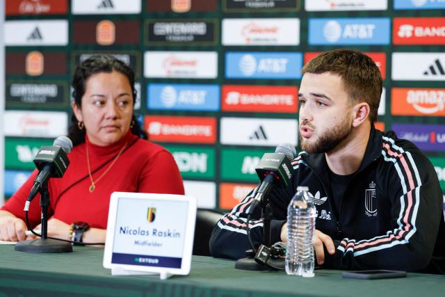 Belgium's midfielder Nicolas Raskin speaks during a press conference at Soldier Field in Chicago, on March 30, 2026. Belgium is preparing for tomorrow's international friendly match against the Mexico, in advance of the the 2026 World Cup. (Photo by KAMIL KRZACZYNSKI / AFP)