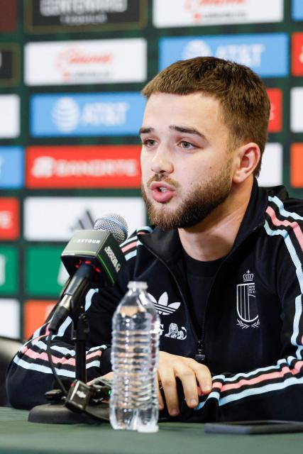 Belgium's midfielder Nicolas Raskin speaks during a press conference at Soldier Field in Chicago, on March 30, 2026. Belgium is preparing for tomorrow's international friendly match against the Mexico, in advance of the the 2026 World Cup. (Photo by KAMIL KRZACZYNSKI / AFP)