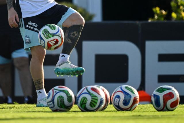 Argentina's forward Lionel Messi controls the ball during a training session in Ezeiza, Buenos Aires province, Argentina on March 30, 2026, ahead of a friendly match against Zambia on March 31 at the La Bombonera Stadium in Buenos Aires. (Photo by Luis ROBAYO / AFP)