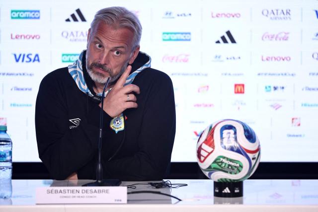 Democratic Republic of Congo's head coach Sebastien Desabre gestures during a press conference at the Akron Stadium in Zapopan, Jalisco state, Mexico, on March 30, 2026, ahead of the FIFA World Cup qualifiers final playoff match against Jamaica on March 31. (Photo by Ulises Ruiz / AFP)
