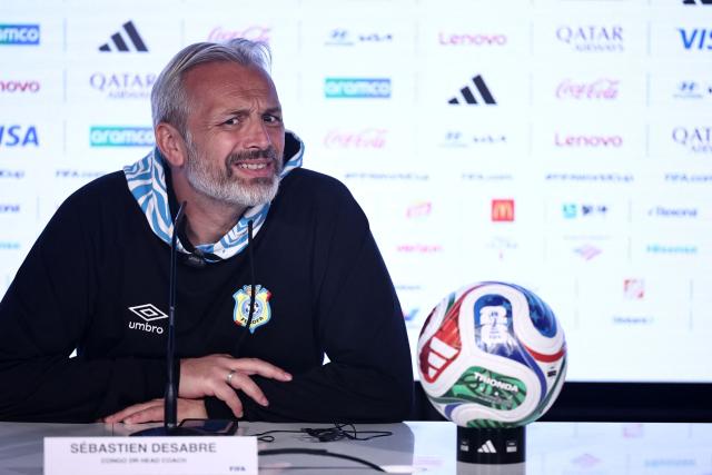 Democratic Republic of Congo's head coach Sebastien Desabre gestures during a press conference at the Akron Stadium in Zapopan, Jalisco state, Mexico, on March 30, 2026, ahead of the FIFA World Cup qualifiers final playoff match against Jamaica on March 31. (Photo by Ulises Ruiz / AFP)