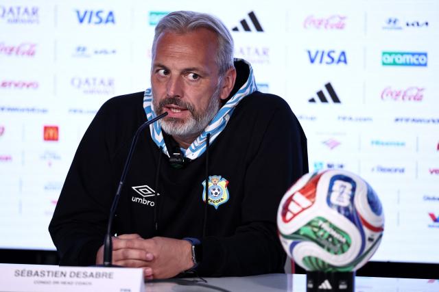 Democratic Republic of Congo's head coach Sebastien Desabre gestures during a press conference at the Akron Stadium in Zapopan, Jalisco state, Mexico, on March 30, 2026, ahead of the FIFA World Cup qualifiers final playoff match against Jamaica at Akron Stadium on March 31. (Photo by Ulises Ruiz / AFP)