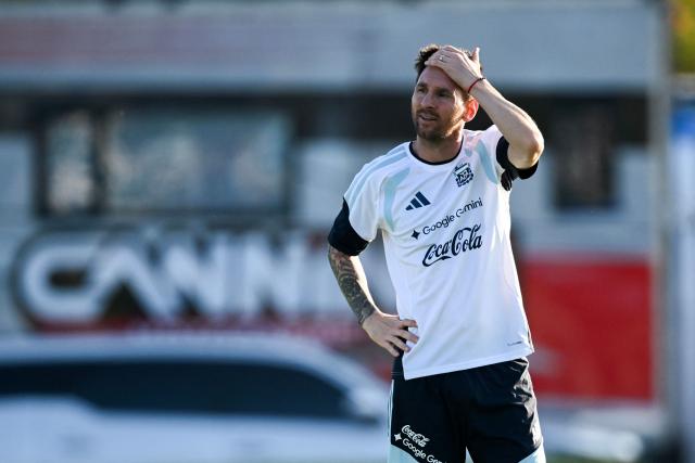 Argentina's forward Lionel Messi gestures during a training session in Ezeiza, Buenos Aires province, Argentina, on March 30, 2026, ahead of a friendly match against Zambia on March 31 at the La Bombonera Stadium in Buenos Aires. (Photo by Luis ROBAYO / AFP)
