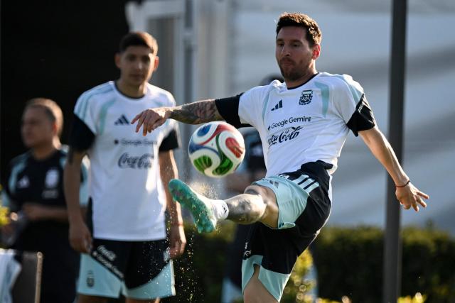Argentina's forward #10 Lionel Messi kicks the ball during a training session in Ezeiza, Buenos Aires province, Argentina on March 30, 2026, ahead of a friendly match against Zambia on March 31 at the La Bombonera Stadium in Buenos Aires. (Photo by Luis ROBAYO / AFP)