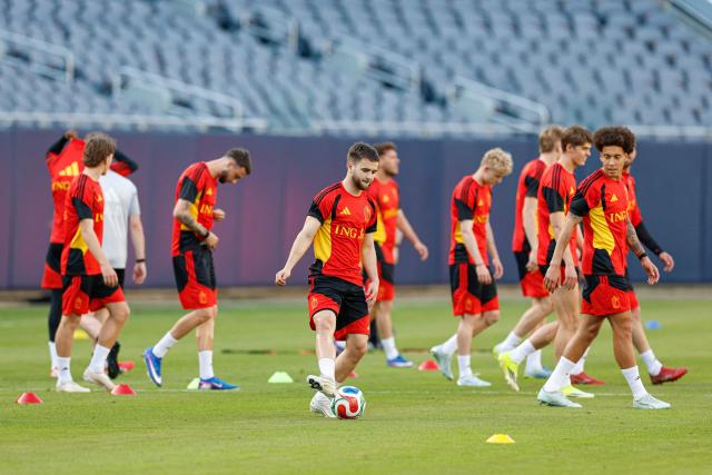 Belgium midfielder Nicolas Raskin (C) kicks the ball during a training session at Soldier Field in Chicago, on March 30, 2026. (Photo by KAMIL KRZACZYNSKI / AFP)