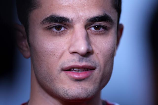 Iraq's forward Ali Yousif speaks to the media ahead of a training session in Monterrey, Mexico on March 30, 2026, ahead of the FIFA World Cup qualifiers final playoff football match against Bolivia on March 31. (Photo by Julio Cesar AGUILAR / AFP)