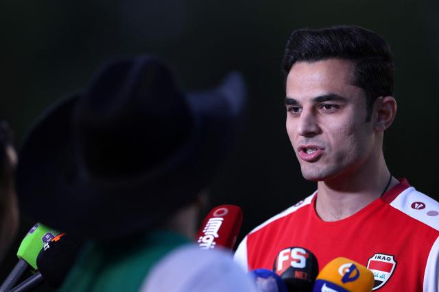 Iraq's forward Ali Yousif speaks to the media ahead of a training session in Monterrey, Mexico on March 30, 2026, ahead of the FIFA World Cup qualifiers final playoff football match against Bolivia on March 31. (Photo by Julio Cesar AGUILAR / AFP)