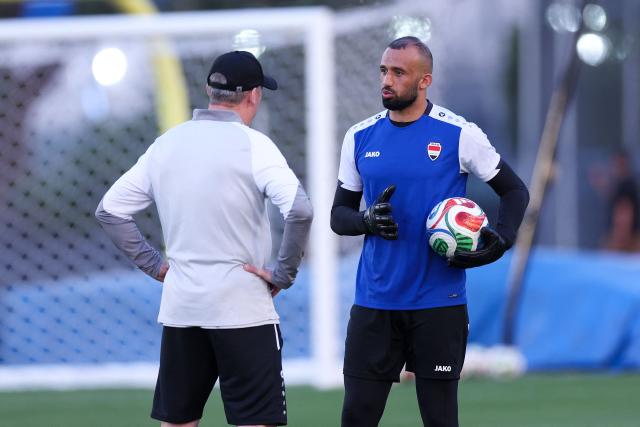 Iraq's goalkeeper Fahad Talib talks during a training session in Monterrey, Mexico on March 30, 2026, ahead of the FIFA World Cup qualifiers final playoff football match against Bolivia on March 31. (Photo by Julio Cesar AGUILAR / AFP)