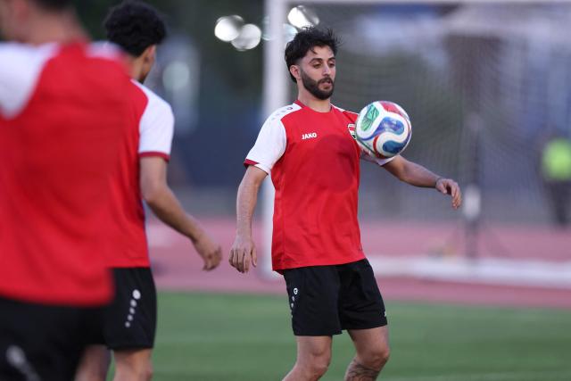 Iraq's midfielder Hasan Abdulkareem controls the ball during a training session in Monterrey, Mexico on March 30, 2026, ahead of the FIFA World Cup qualifiers final playoff football match against Bolivia on March 31. (Photo by Julio Cesar AGUILAR / AFP)