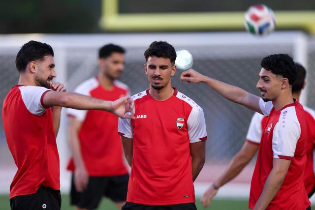 Iraq's defender Hussein Ali (C) and teammates take part in a training session in Monterrey, Mexico on March 30, 2026, ahead of the FIFA World Cup qualifiers final playoff football match against Bolivia on March 31. (Photo by Julio Cesar AGUILAR / AFP)