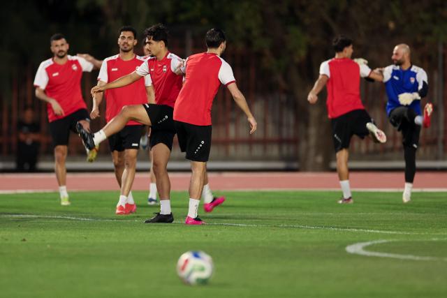 Iraq's players take part in a training session in Monterrey, Mexico on March 30, 2026, ahead of the FIFA World Cup qualifiers final playoff football match against Bolivia on March 31. (Photo by Julio Cesar AGUILAR / AFP)