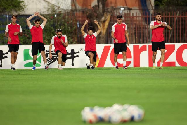 Iraq's players take part in a training session in Monterrey, Mexico on March 30, 2026, ahead of the FIFA World Cup qualifiers final playoff football match against Bolivia on March 31. (Photo by Julio Cesar AGUILAR / AFP)